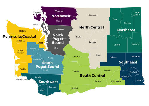 Image of Washington State and our service areas by region in Washington